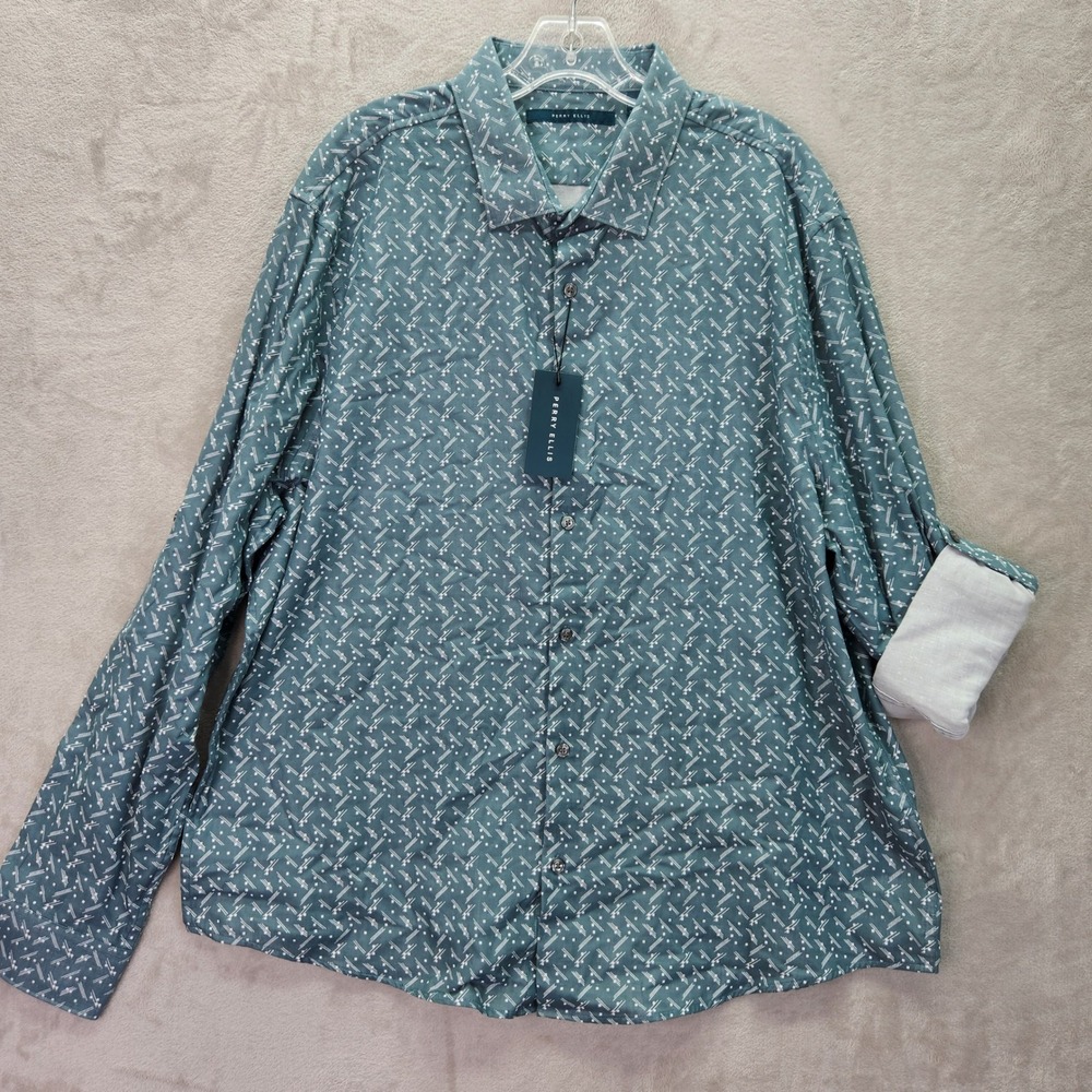 Perry Ellis Mens XXL Goblin Blue Geometric Print Long Sleeve Button Up Shirt New
